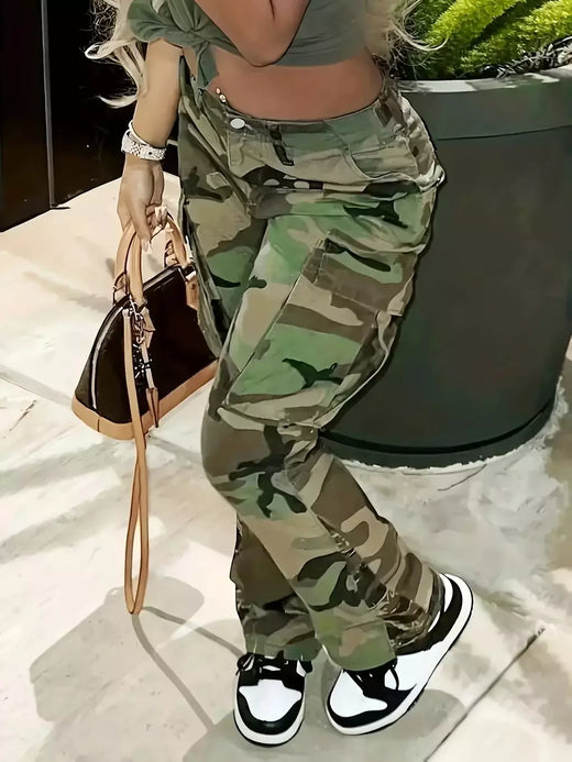 Camo Print Side Flap Pocket Calça Jeans de carga feminina, ajuste solto, elástico, Kpop Denim Pants, Y2K Roupas