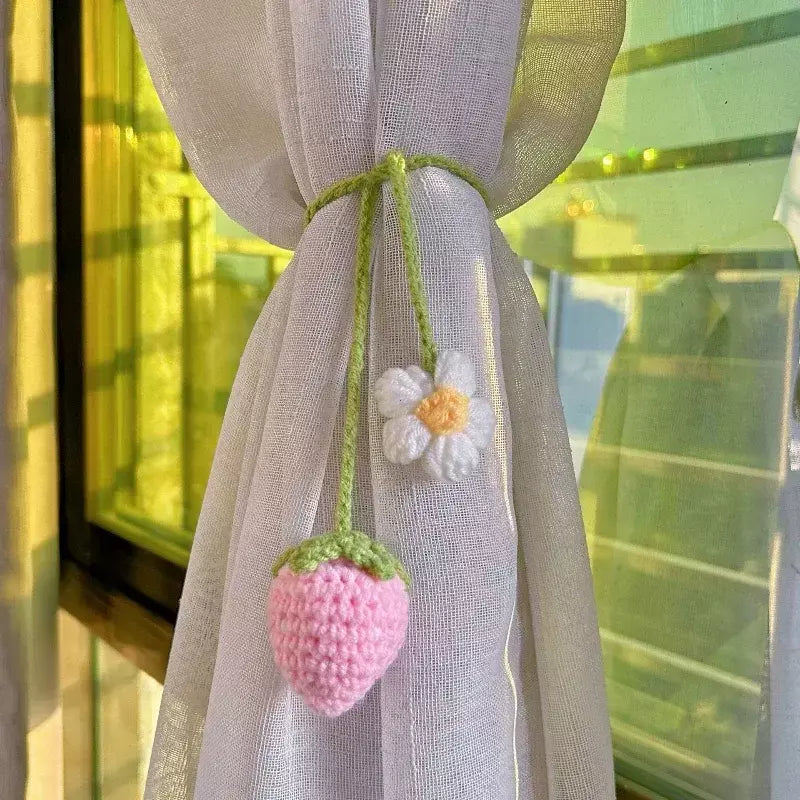Cesta de suspensão de crochê de planta de carro, planta de suspensão de morango para decoração de carro, encantos de ornamentos de carro para espelho retrovisor