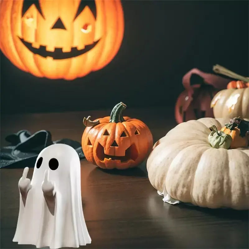 Estátua de resina fantasma fofa, estatueta de dedo médio, decoração assustadora de halloween para prateleira, lareira, mesa de café, ornamento de festa em casa