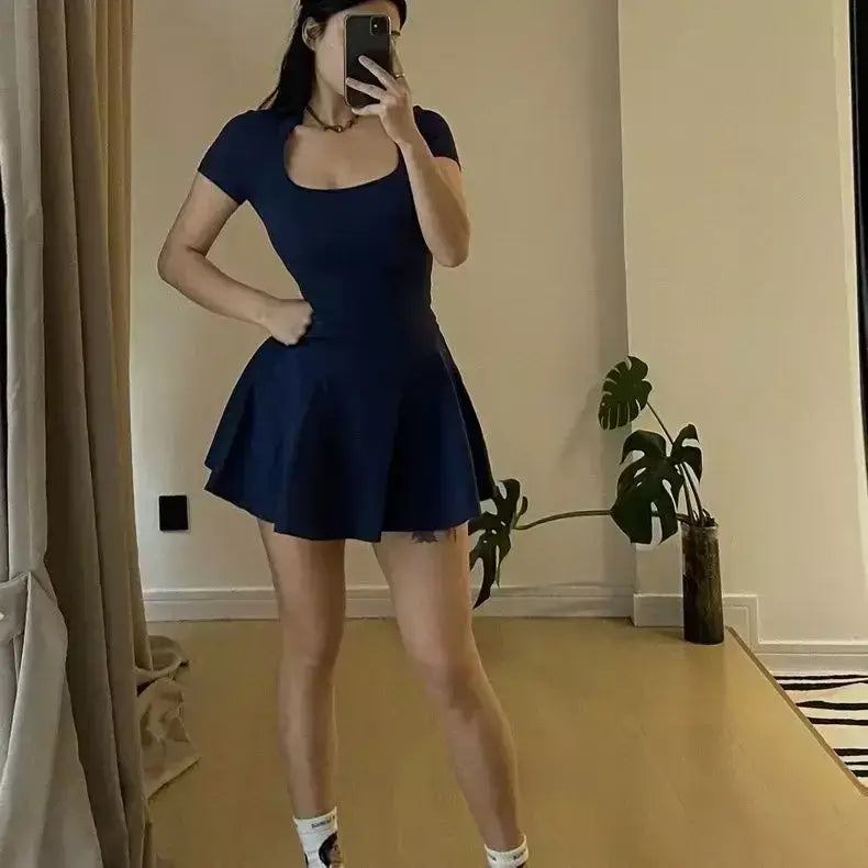 Verão novo desejo puro gola quadrada manga curta bodycon vestido elástico mini saia moda feminina fibra de poliéster cintura império