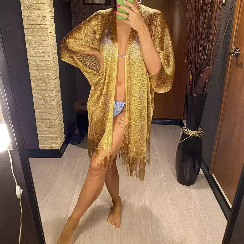 Moda borla ouro bikini cobrir sexy vestido de praia túnicas para mulheres beachwear verão cover-ups kaftan vestido de noite xales