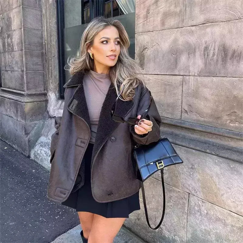 Jaquetas grossas de couro falso femininas, casacos com mistura de lã quente, jaqueta de pelúcia demi-estação, outerwear, outono, inverno, 2024