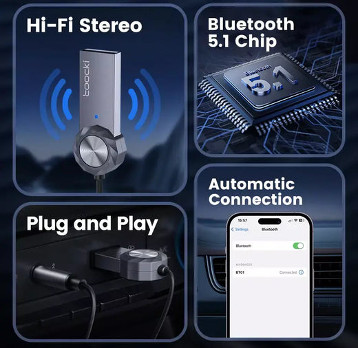 Toocki-Adaptador Aux Bluetooth, USB para conector de 3,5mm, Car Audio, Música, Microfone, Bluetooth 5.1, Kit mãos livres, Transmissor
