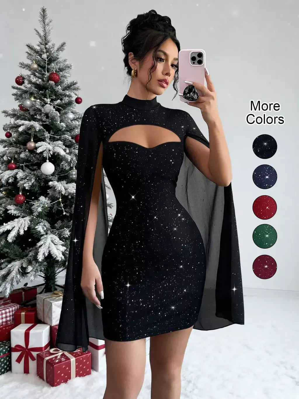 Sexy feminino gola capa mini vestido lantejoulas espumante clube festa noite fora cabido bodycon elegante outono inverno