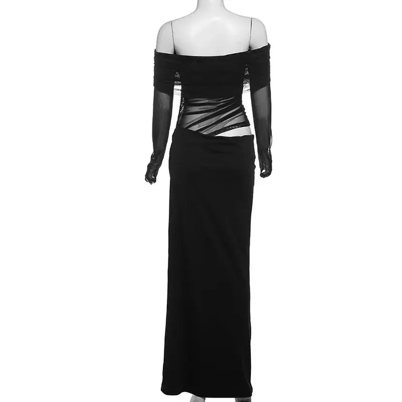 Oco sexy vestido longo feminino um ombro malha transparente festa noite vestido de malha verão moda cor sólida maxi vestidos