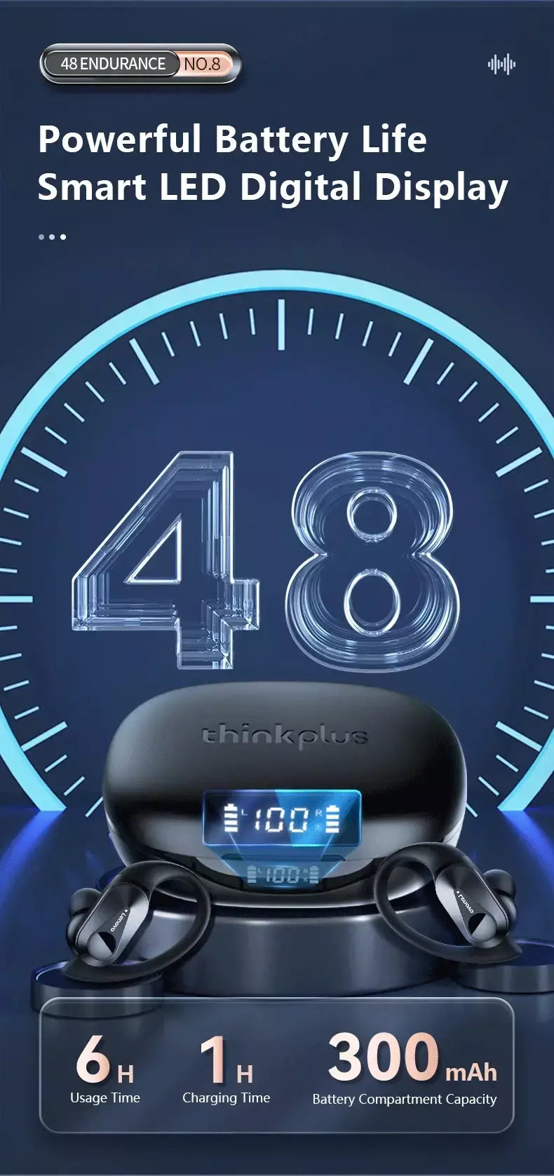 Lenovo lp75 ows sem fio bluetooth 5.3 fones de ouvido gaming redução ruído display digital led à prova dwaterproof água esportes