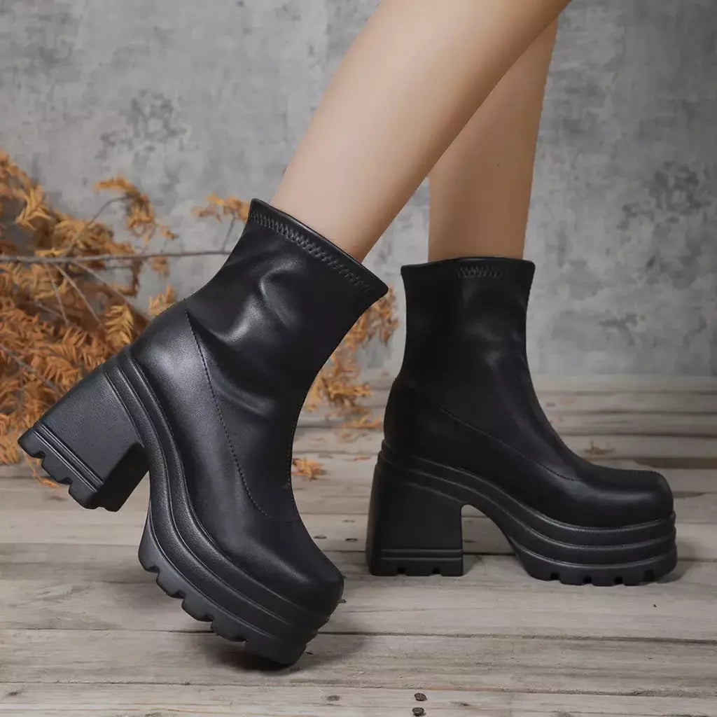 Mulheres nova moda botas curtas mulheres sexy bota de couro dedo do pé quadrado casual zíper salto alto casual sola grossa sapatos femininos zapatos