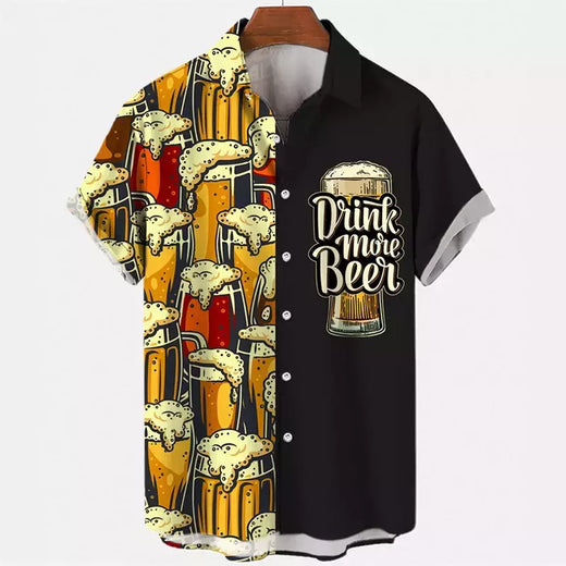 Camisa Retro de Cerveja Masculina Estampada 3D, Padrão para Beber Natal, Engraçado Street Top, Casual Manga Curta, Blusa de Botão, Roupas