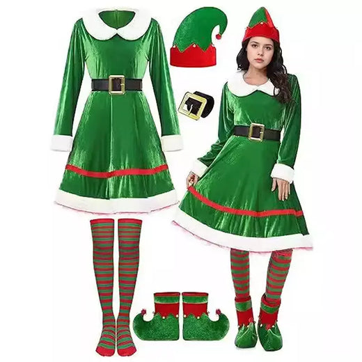 Traje de papai noel vestido de elfo de natal roupa feminina veludo festa cosplay vestidos verdes com chapéu meias cinto e sapatos terno