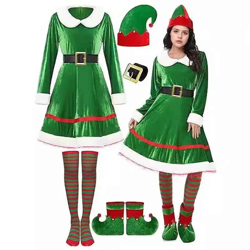 Traje de papai noel vestido de elfo de natal roupa feminina veludo festa cosplay vestidos verdes com chapéu meias cinto e sapatos terno