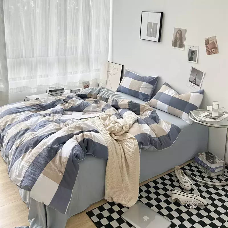 Conjunto de roupa de cama de algodão lavado, listrado, grade, lençol minimalista, consolador, capa de edredão rainha, duplo para meninos e meninas