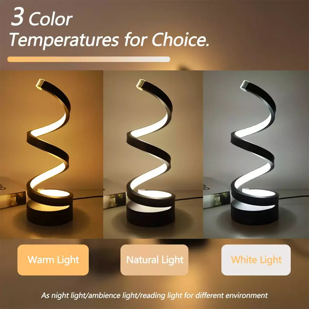 Modern Minimalista Espiral Desk Lamp, fio controlado, 3 cores, LED Luz Ambiente, Adequado para Bares, Cafés, Quartos