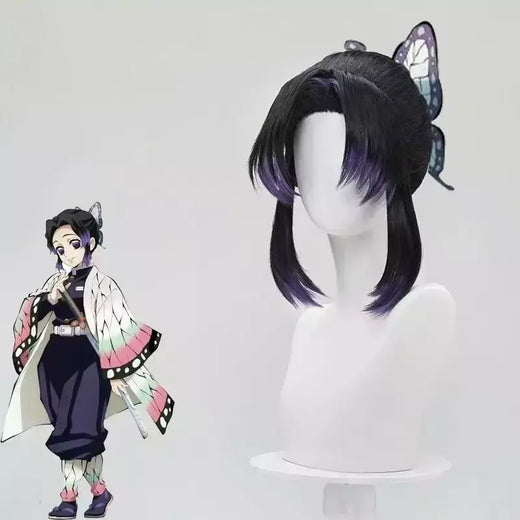 Borboleta shinobu demon slayer cosplay peruca sintética curta reta anime coser bonito menina peruca de alta qualidade festa de halloween