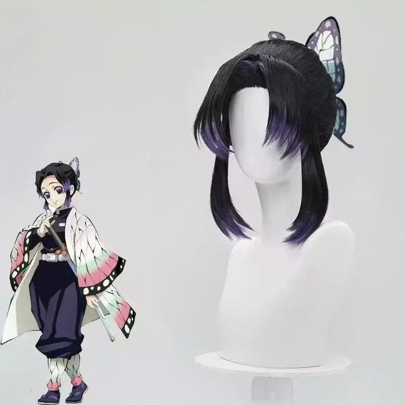 Borboleta shinobu demon slayer cosplay peruca sintética curta reta anime coser bonito menina peruca de alta qualidade festa de halloween