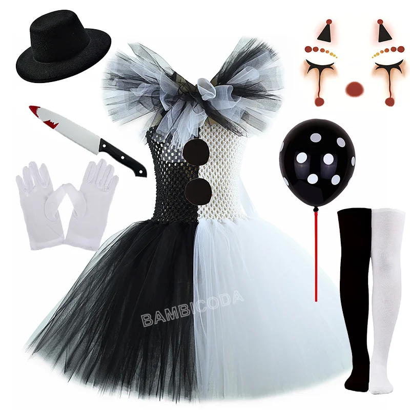 O traje de palhaço terrível arte menina preto branco fantasia tutu vestido horror coringa vestido para meninas trajes de festa de carnaval de halloween
