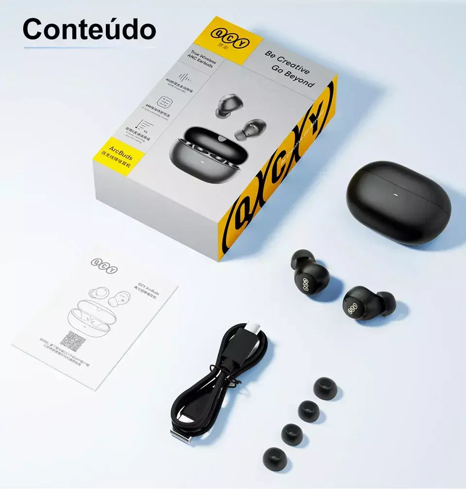 QCY-HT07 ANC Fones De Ouvido Sem Fio, Auscultadores HiFi, Cancelamento de Ruído, Earbuds TWS, 6 Microfone, Chamada AI HD, Reprodução 32H, 40dB, Bluetooth 5.2