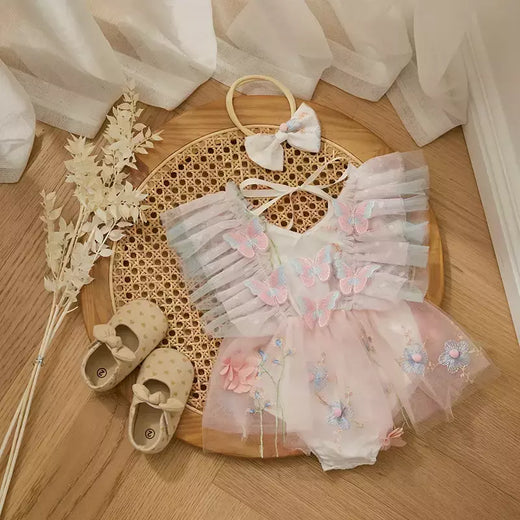 Baby Girls' Princess Mesh Sheer Romper, Summer Kids Party Clothes, Borboleta, Bordado de flores, Vestido de manga voadora, Headband