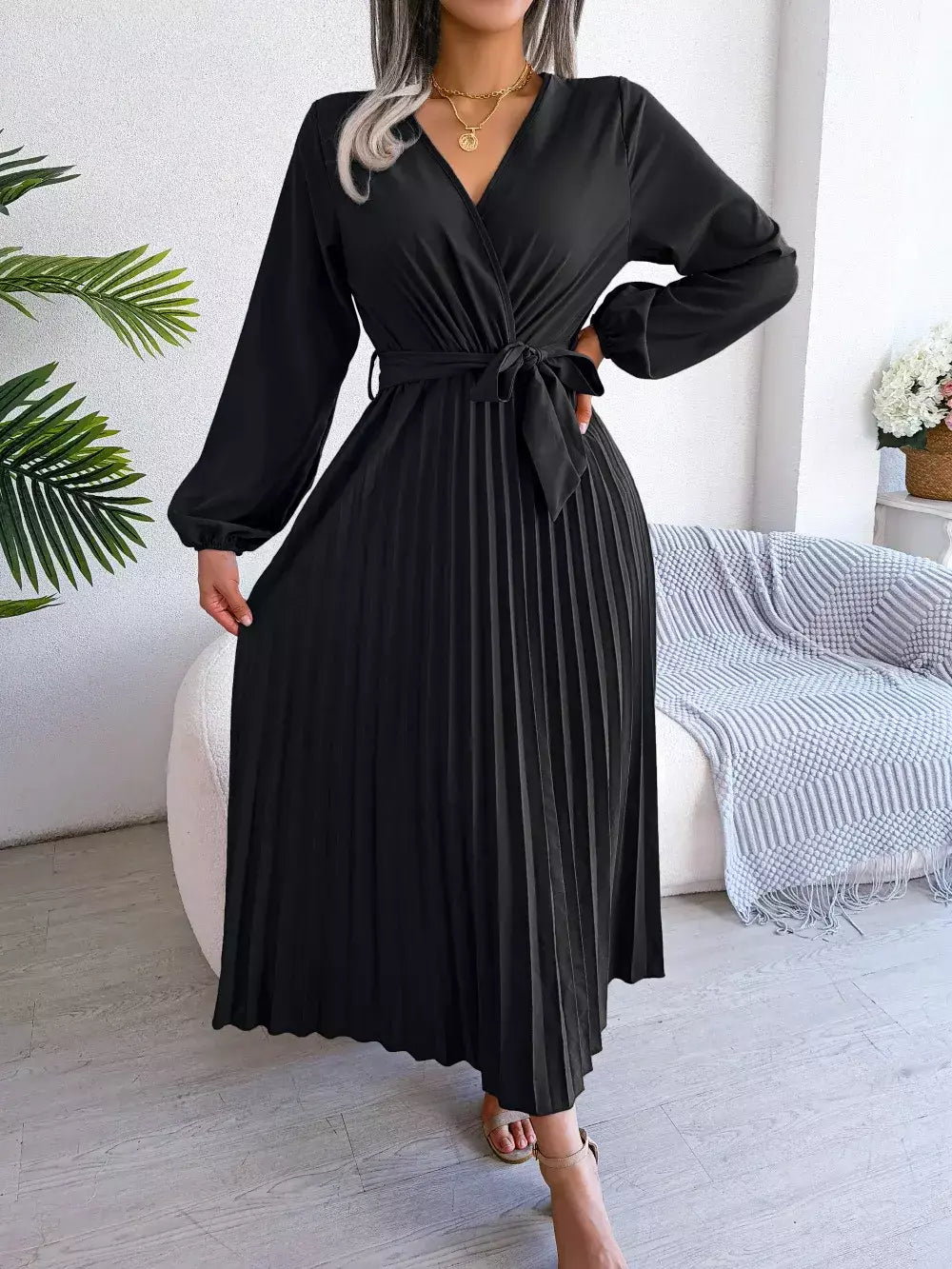 Elegante V Neck manga comprida das mulheres plissado vestido Maxi