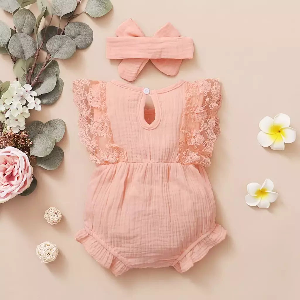 0-18 meses do bebê recém-nascido menina liso macio bodysuit laço queimado manga verão macacão com bandana da criança roupas da menina do bebê