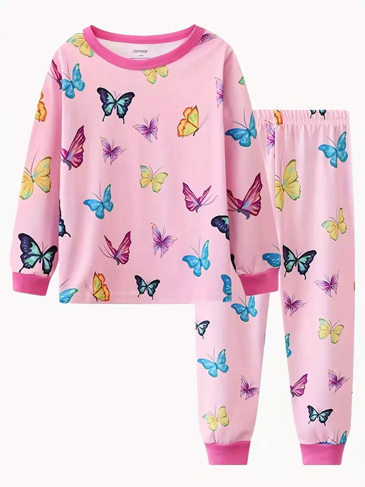 Unicórnio cartoon pijama para meninas, manga longa, duas peças set