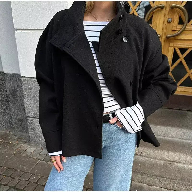 Gola feminina casacos de lã de inverno 2024 nova moda único breasted feminino manga longa jaquetas senhora do escritório rua casaco curto