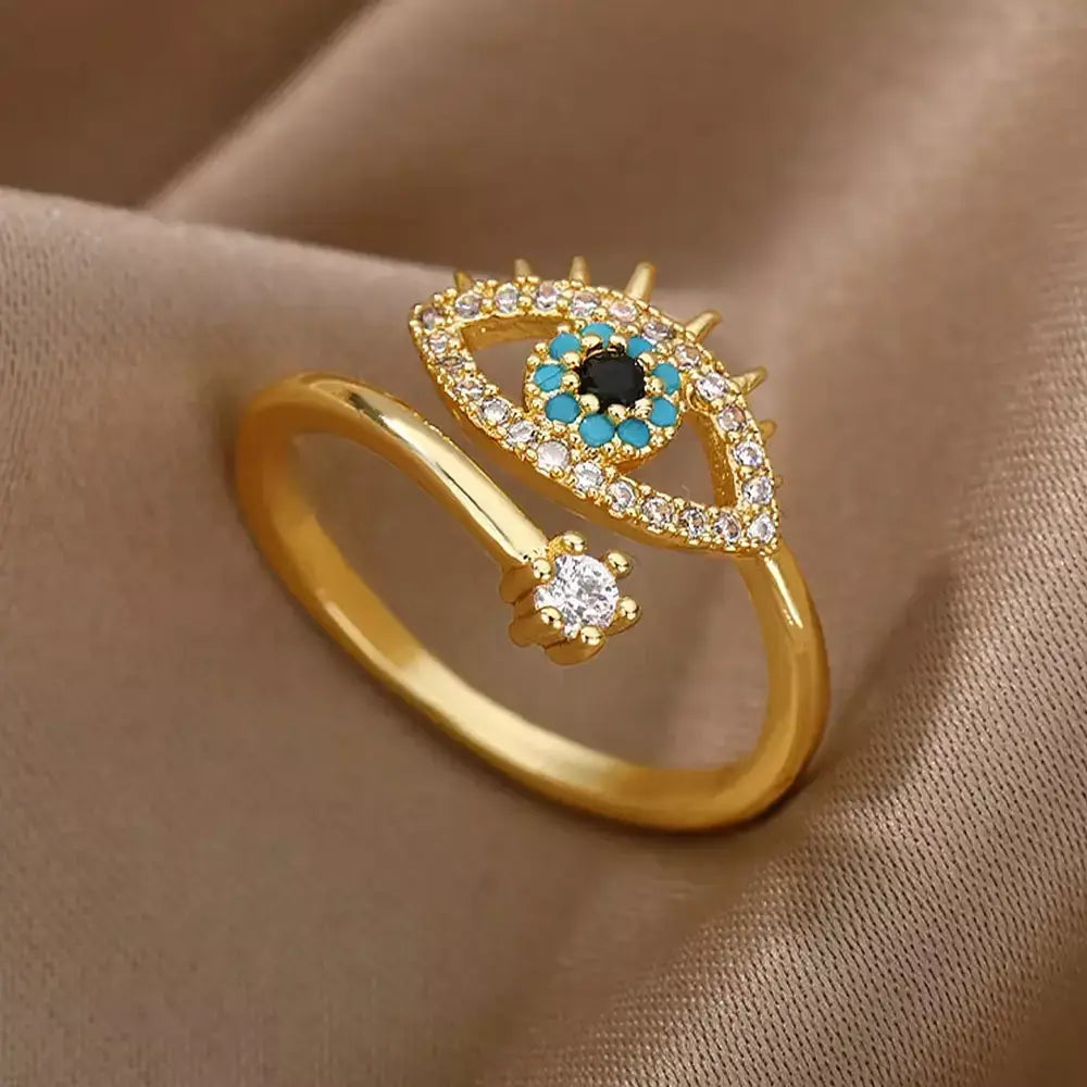 Anéis geométricos de zircônia de aço inoxidável para mulheres luxo mau olhado cor dourada ajustável na moda casamento estética jewerly presente