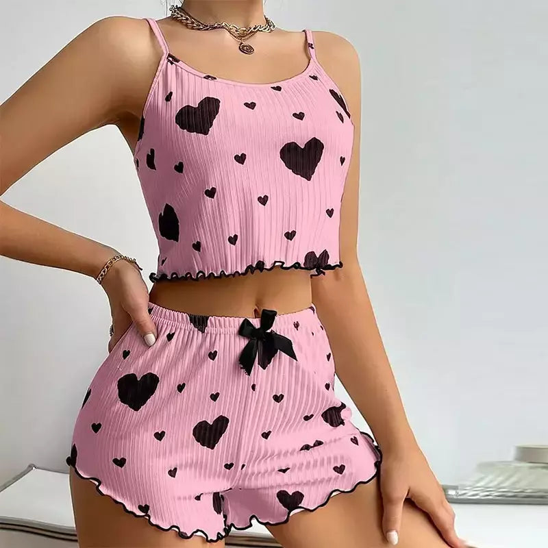 Ice Silk Suspender Pijama Conjunto com decoração em forma de coração impresso para senhoras, verão 2 peças