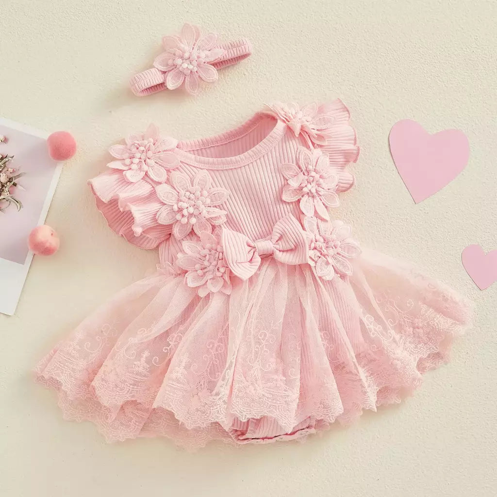 3d flor verão bebê meninas macacão princesa malha roupas recém-nascidos rendas retalhos plissado bodysuit vestido bandana crianças roupas