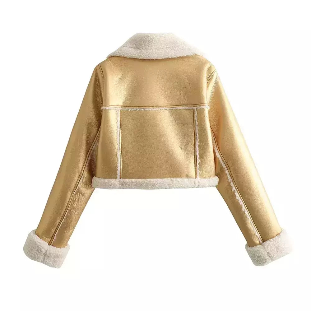 Jaqueta vintage de zíper frontal feminina, gola lapela, mangas compridas, roupas chiques femininas, monocromáticas, moda senhora