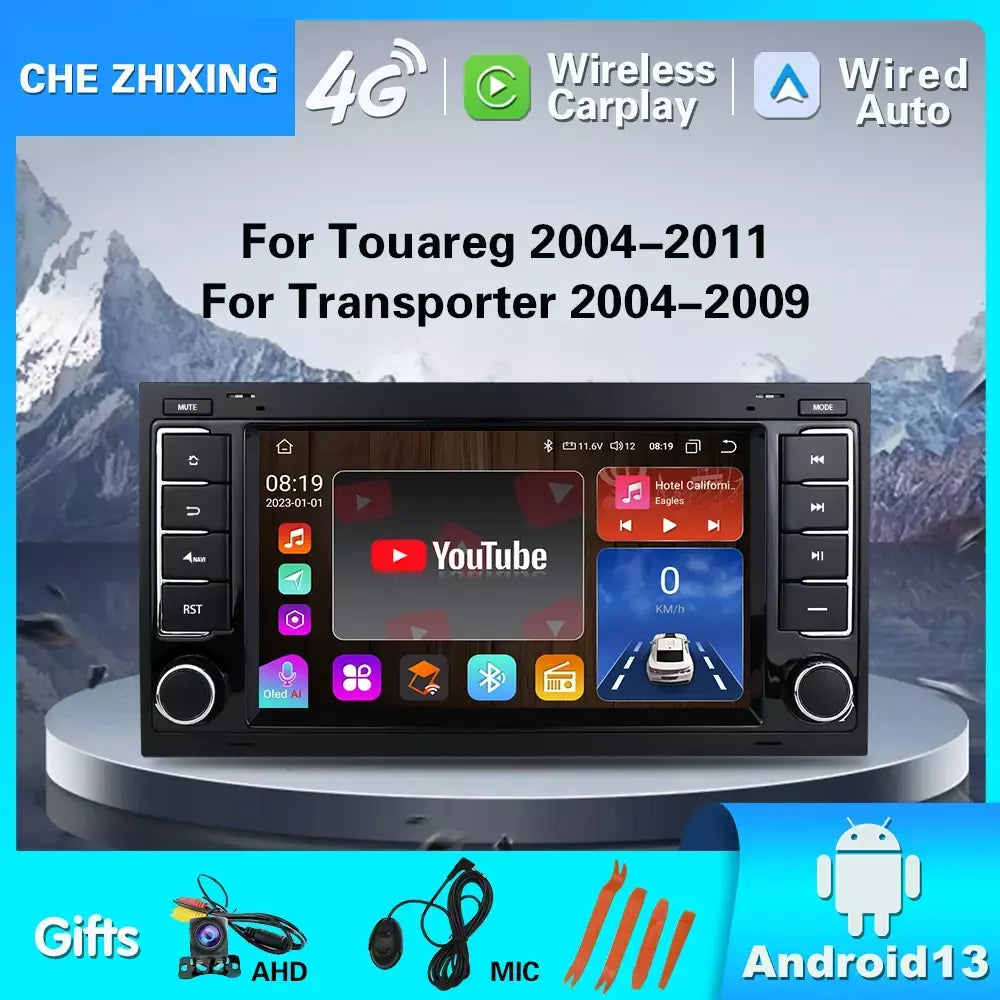 Leitor multimídia carro com Bluetooth, Android 13, 2 Din, Carplay para Touareg T5 Transporter, Volkswagen VW 2002-2010, Auto Bluetooth