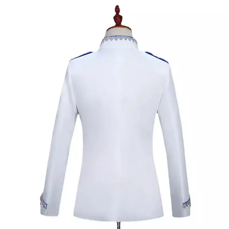 (Jaqueta e calça) masculino tribunal britânico banquete vestido emendado terno 2024 novo masculino festa de casamento prata borda de seda blazer e calças
