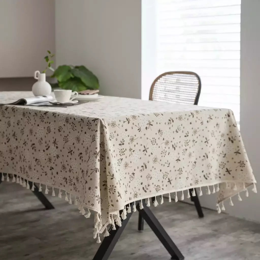 Toalha de linho de algodão vintage com padrão floral, toalha de mesa com borla, tampa lavável para jantar, piquenique