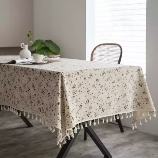 Toalha de linho de algodão vintage com padrão floral, toalha de mesa com borla, tampa lavável para jantar, piquenique