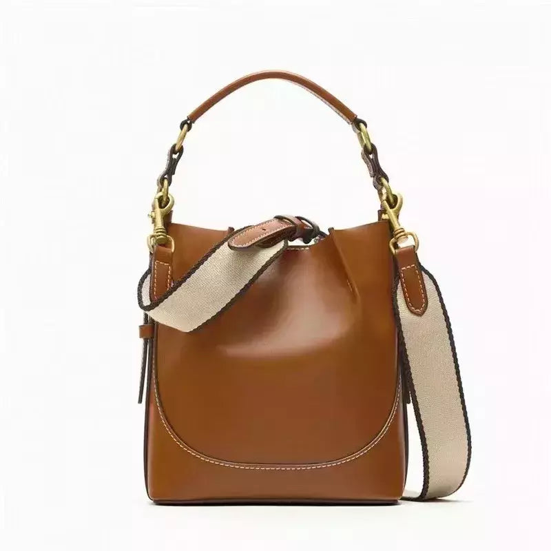ZA Bolsa de Boca Plissada Marrom para Mulheres, Bolsa de Balde de Transporte, Al