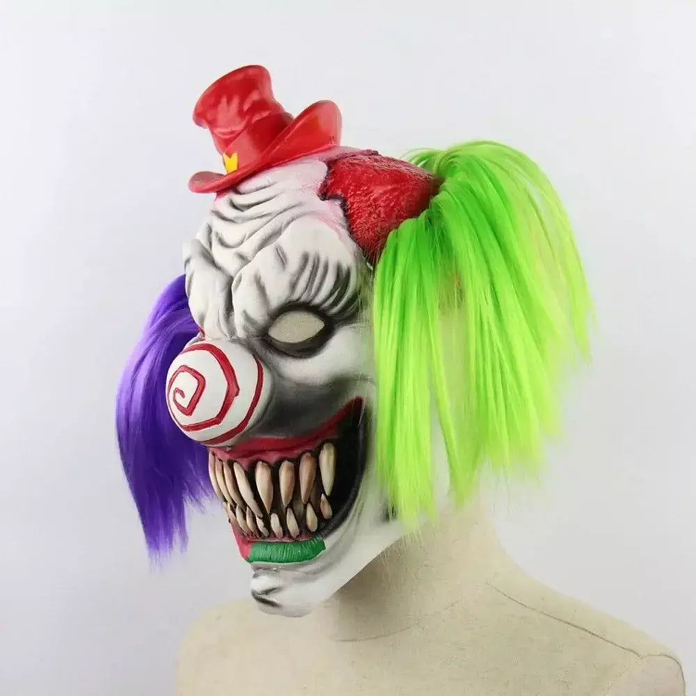 Máscara de palhaço assustador com cabelo verde roxo horror sorriso máscara facial traje de palhaço assustador halloween huanted casa prop