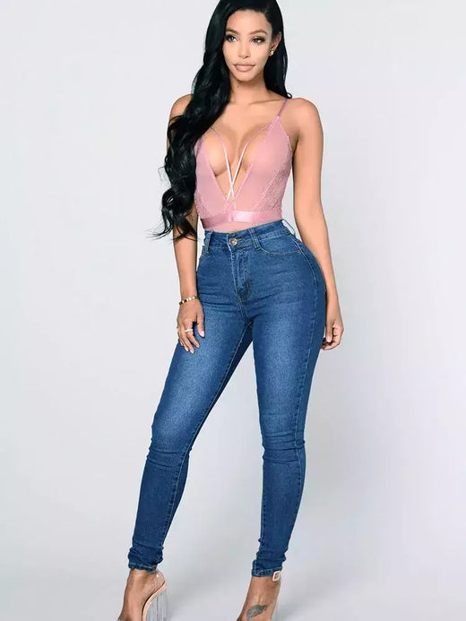 Calça jeans skinny com elástico de cintura alta feminina, calça comprida lápis, envoltório reto de perna, calça casual quadris, vintage, estreita, senhora