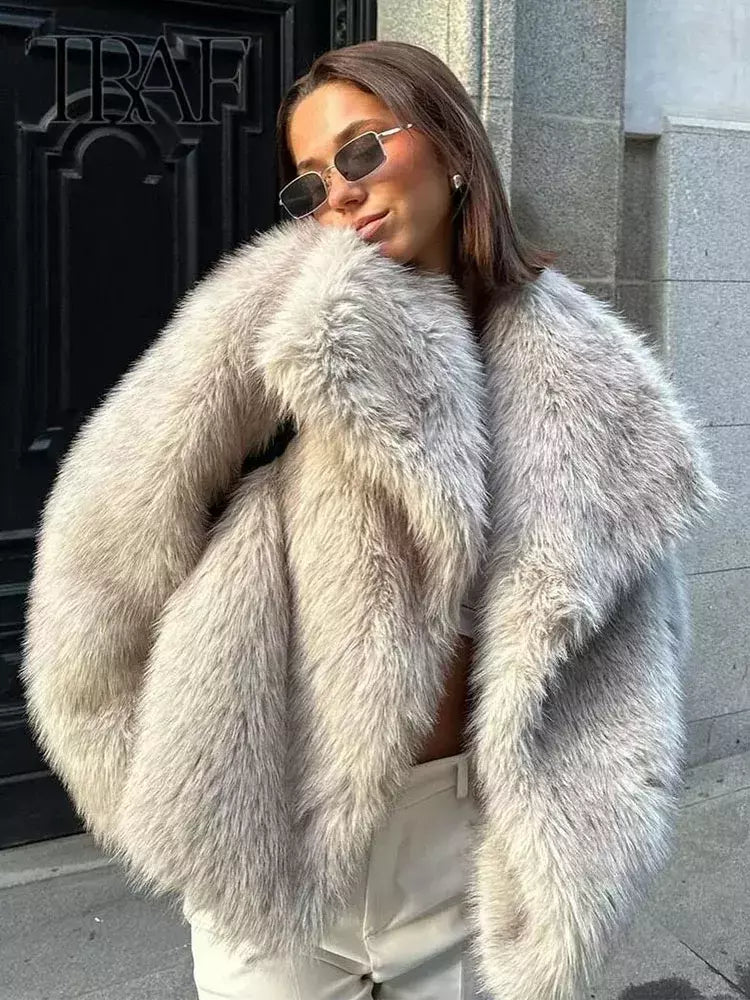 TRAF-Jaqueta feminina de tecido de lantejoulas de metal, casaco solto, gola alta, manga comprida, outerwear feminino chique, outono, inverno, 2023
