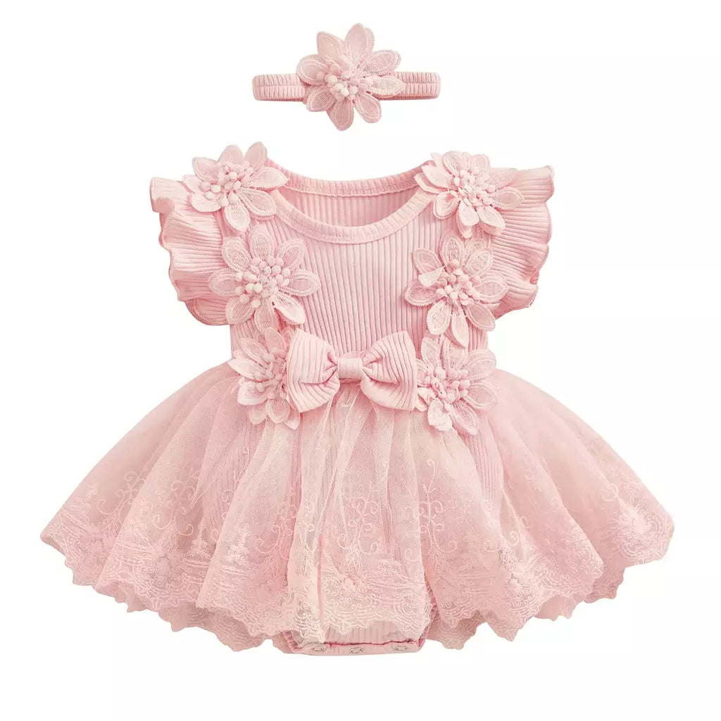 3d flor verão bebê meninas macacão princesa malha roupas recém-nascidos rendas retalhos plissado bodysuit vestido bandana crianças roupas