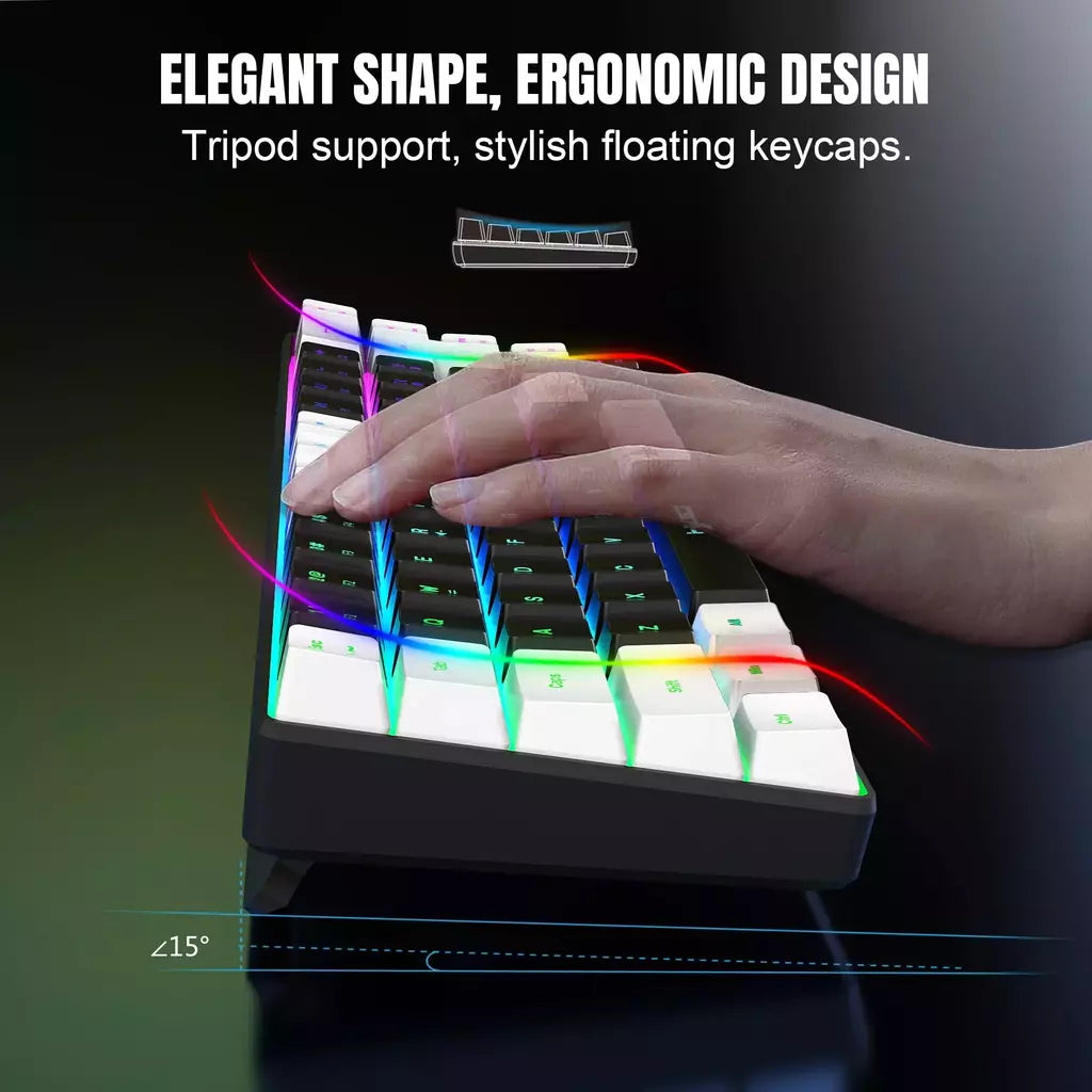 Teclado para jogos com fio USB, 68 teclas, 20 RGB Backlight, Keycaps preto e branco, Windows Laptops, Computador