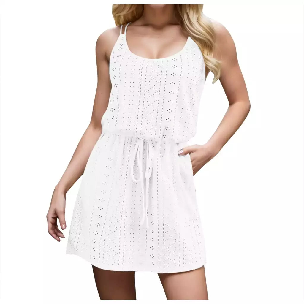Vestido de praia feminino com cordão de cintura alta, roupa de banho, moda verão, sem mangas, biquíni monocromático