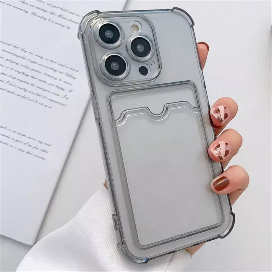 Bolsa de slot para cartão transparente para iPhone, carteira clara, à prova de choque, capa macia, iPhone 16, 15, 14, 13, 12, 11 Pro Max, Mini, X, XR, 7, 8 Mais