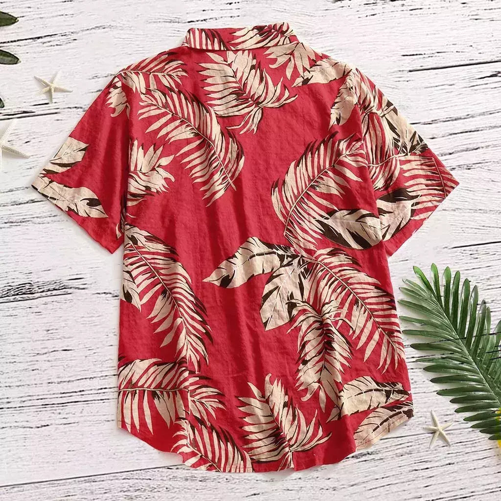 Camisa estampada de folhas havaianas masculina, feriado, manga curta, vermelho, gola virada para baixo, férias, tops de praia, roupa
