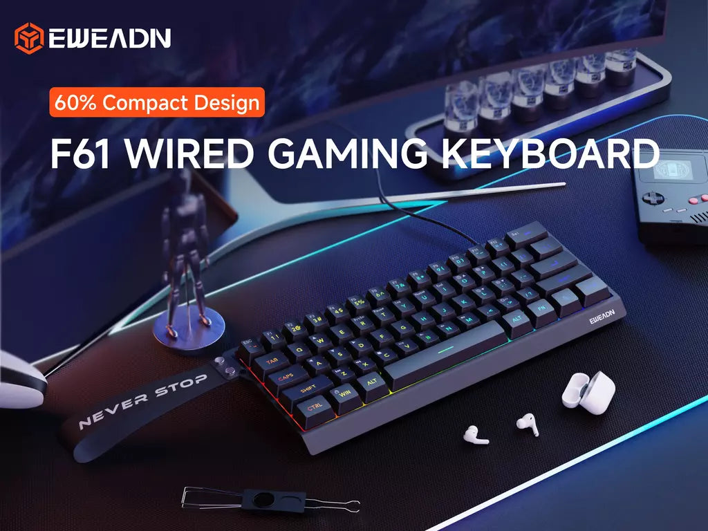 EWEADN F61 Teclado com fio 61 teclas RGB Pequeno e portátil computador para jogos de escritório Teclado de escritório silencioso Conexão USB Três cores