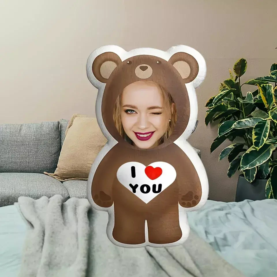 Travesseiro de urso com foto personalizada "Eu te amo" pelúcia facial presente ideal para entes queridos. Pelúcia curta macia e confortável