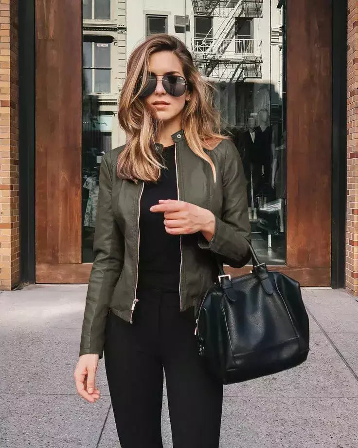 Jaqueta de couro PU feminina com zíper, casaco manga comprida, jaquetas de motociclista, slim fit, monocromática, streetwear casual, moda feminina, outono, Y2K