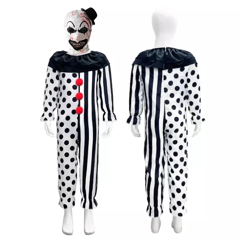 Crianças meninos meninas terrifier 3 cosplay coringa traje com máscara chapéu macacão halloween palhaço vestido criança bodysuit roupas de carnaval