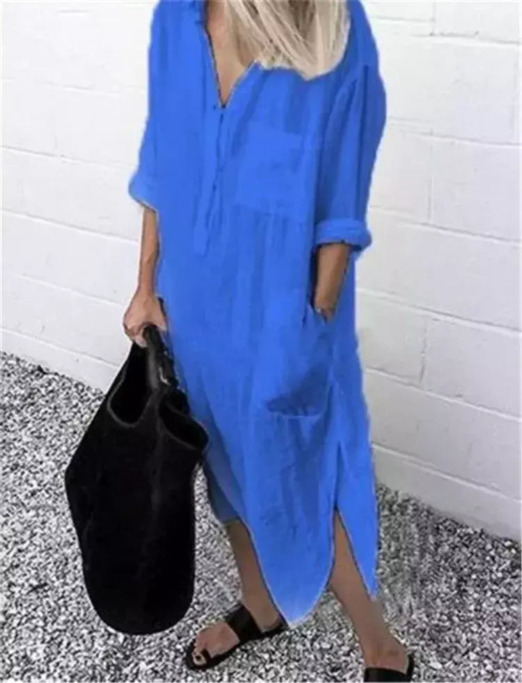 Vestido longo de linho de algodão feminino, branco, oversize, casual, simples, cor pura, divisão, praia, verão, elegante, S-4X
