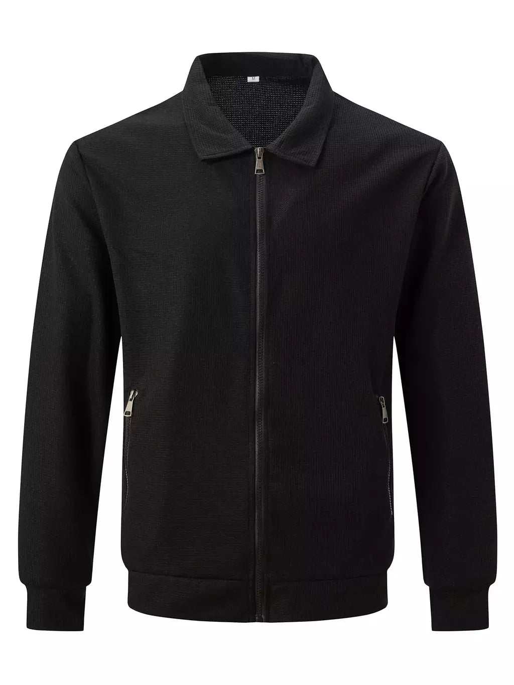 Jaqueta waffle de manga comprida masculina, monocromática, com zíper, bolso, cardigã lapela, gola polo casual, outdoor wear, primavera e outono