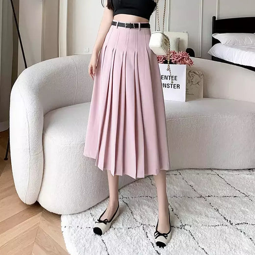 Saia plissada midi de cintura alta feminina, terno casual linha A, elegante saia de guarda-chuva vintage, moda feminina, primavera, verão, nova