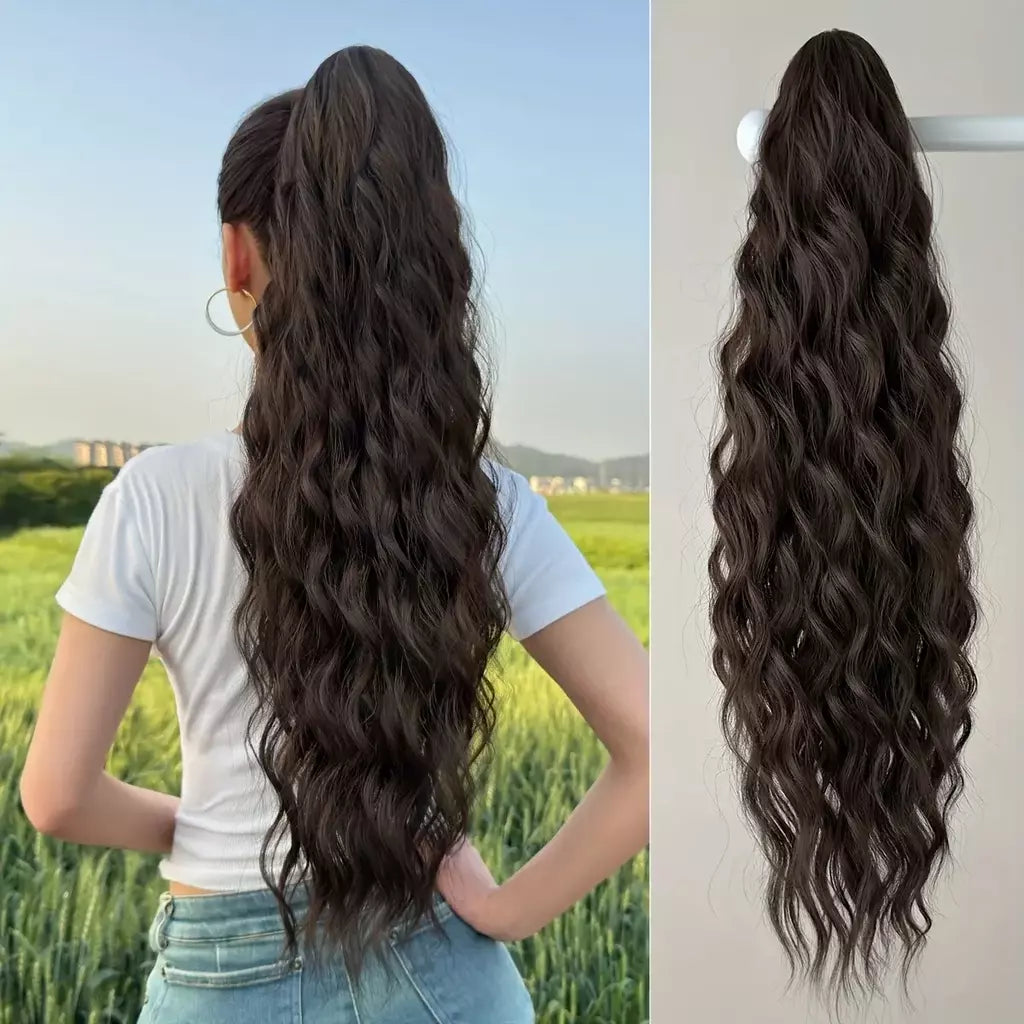 Aoosoo sintético água rabo de cavalo extensão do cabelo clipe no rabo de cavalo da mulher acessórios para o cabelo longo encaracolado peruca natural encaracolado preto